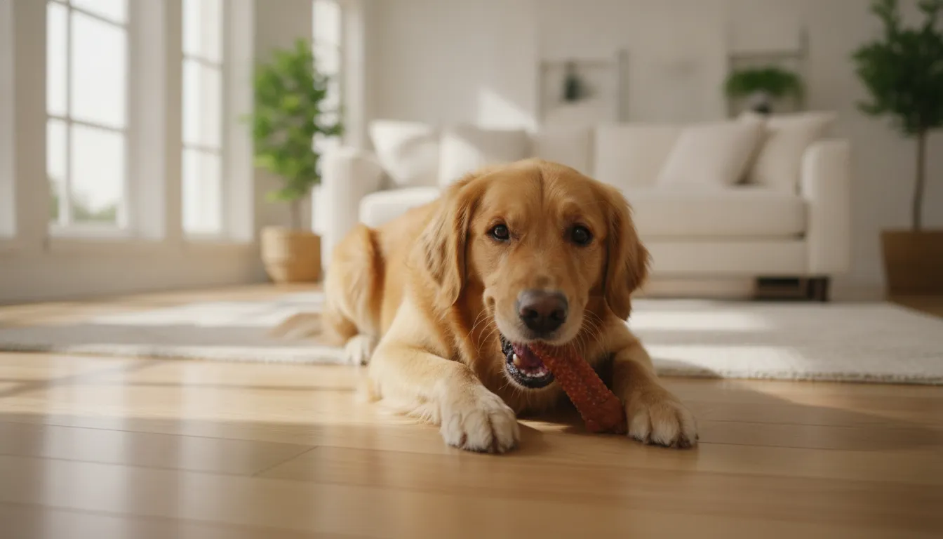 Happy healthy dog chewing a natural duck chew on a wooden floor in a bright living room