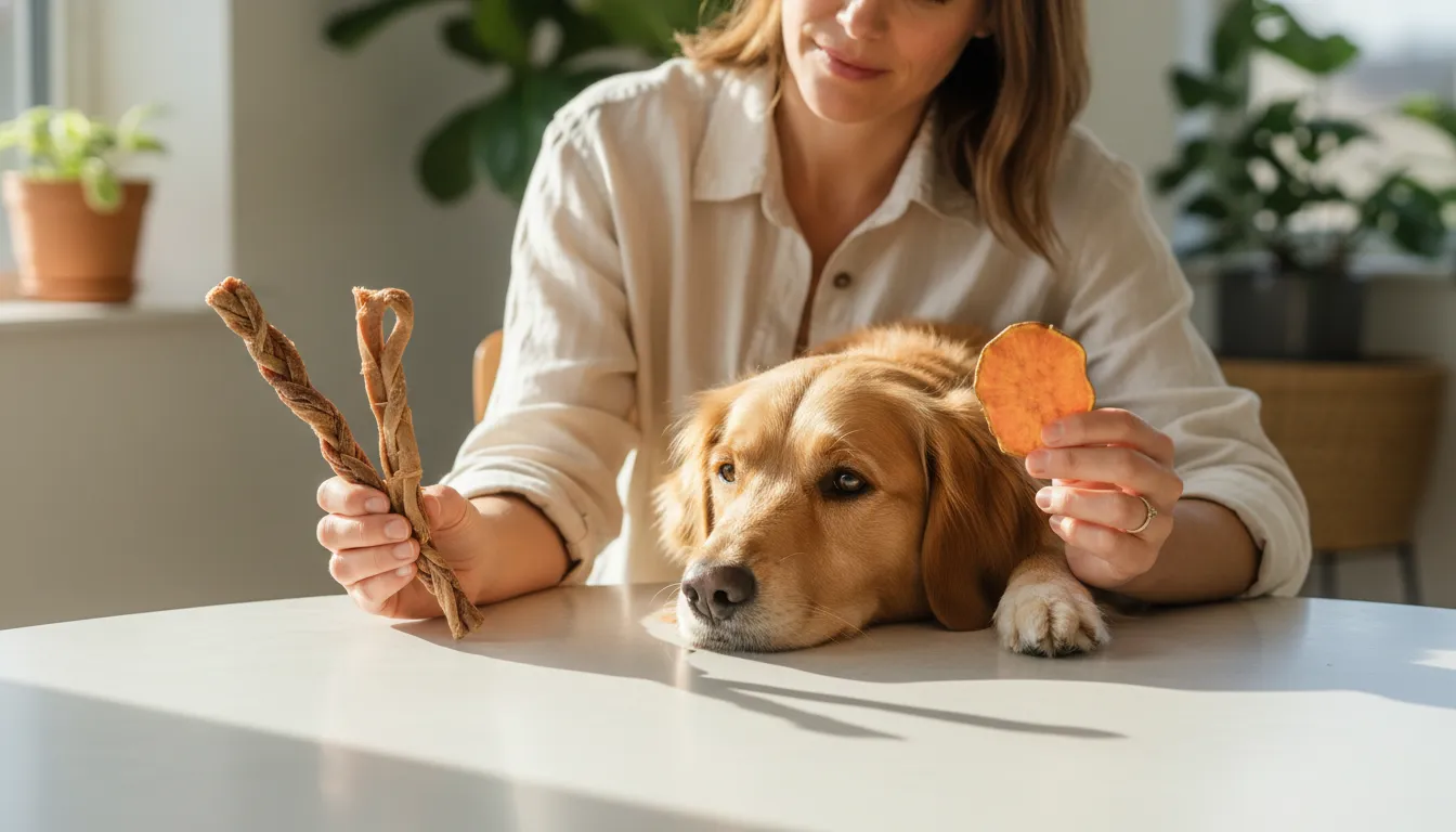 Dog owner comparing natural single-ingredient chews with no hide dog chews