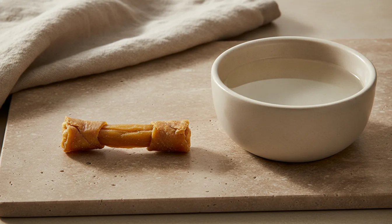 Single dried rabbit ear dog chew in a simple wellness setting