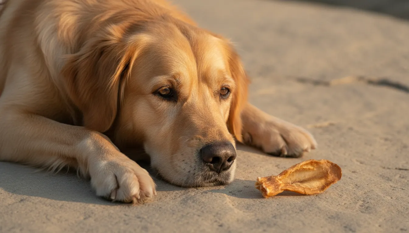 Dehydrated rabbit ear chew in a calm dog wellness setting