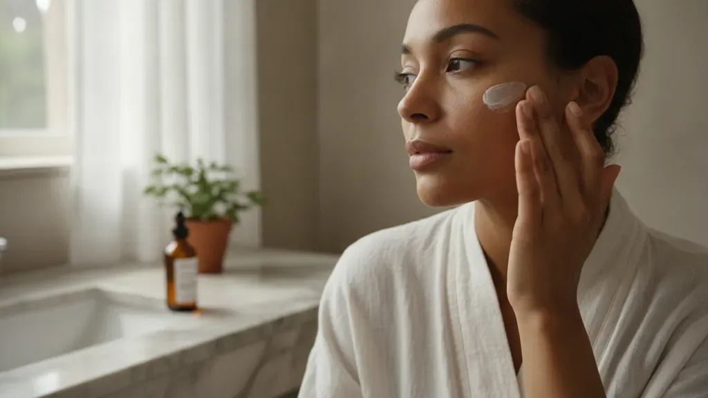 Woman applying mineral sunscreen to protect skin from dark spots
