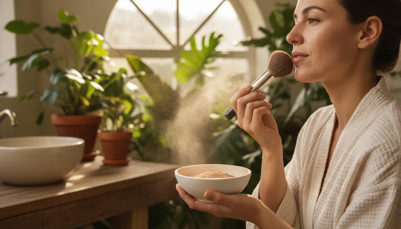 Woman applying botanical makeup while reviewing vegan product standards