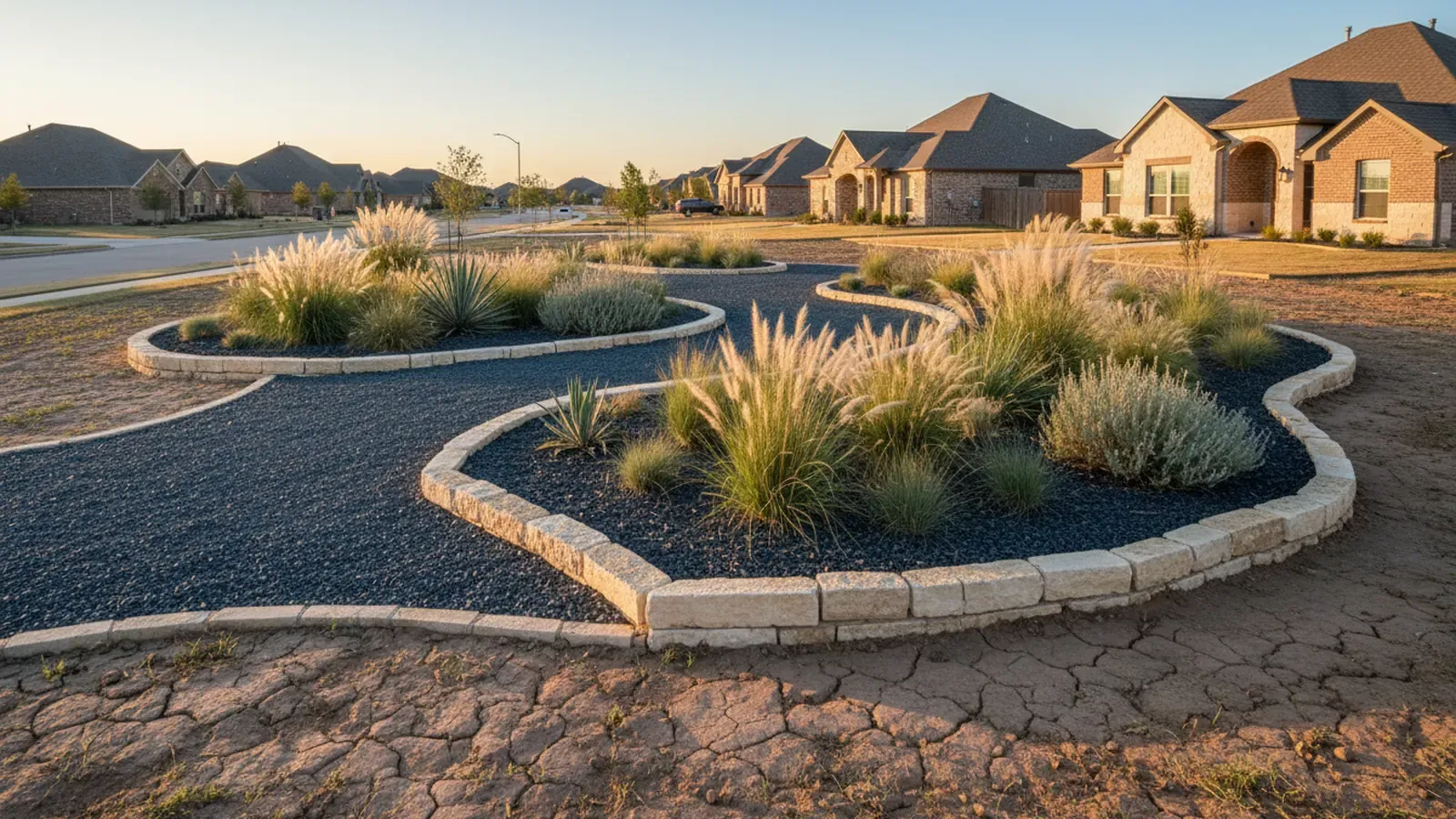 Black Star gravel North Texas walkway and planting bed border