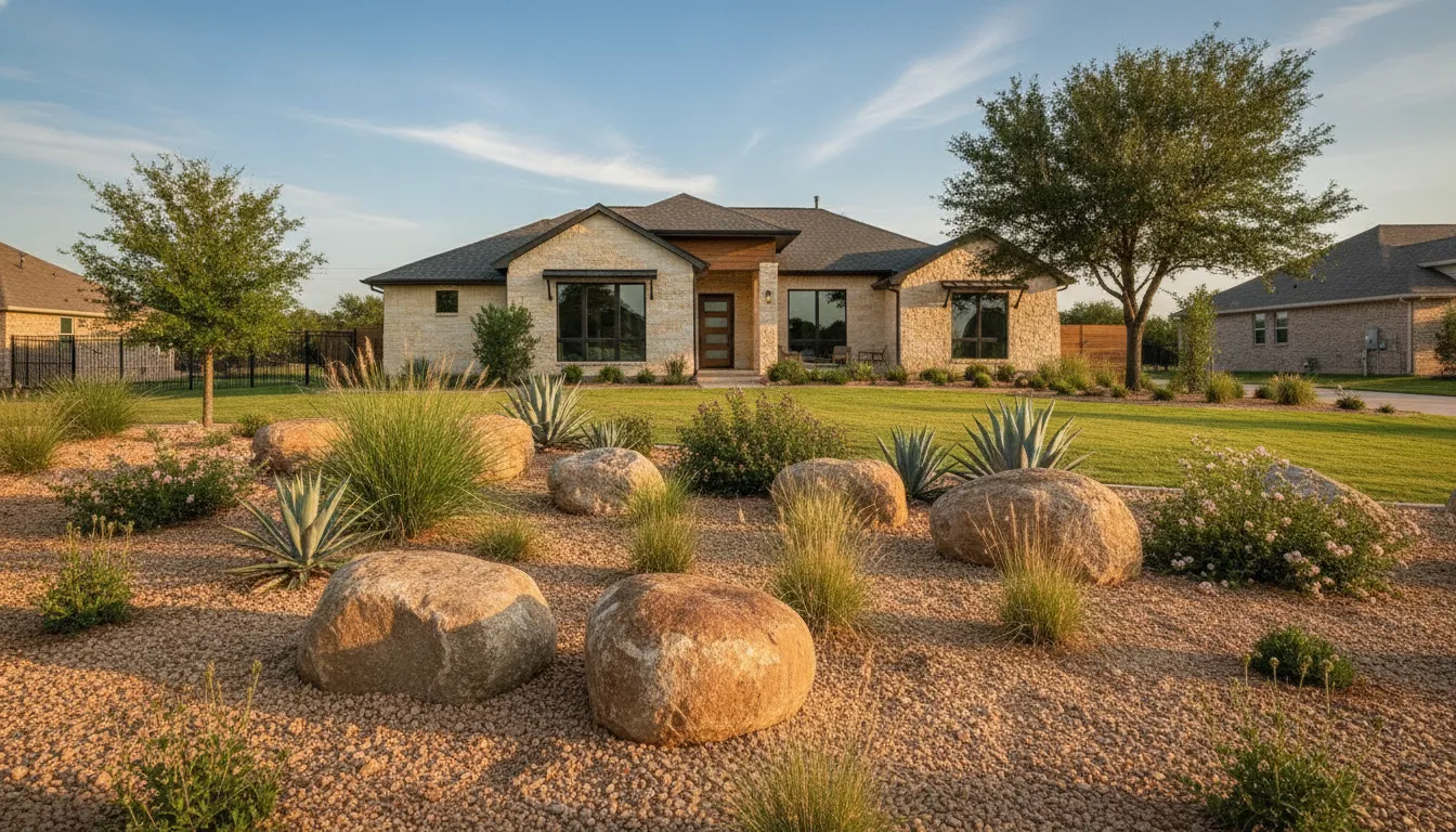 Landscape boulders arranged around a North Texas planting bed
