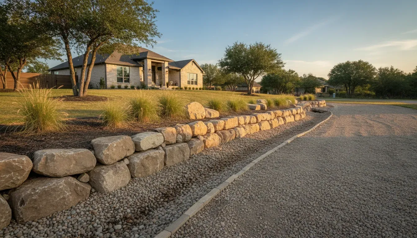 Natural boulder retaining wall shaping a North Texas slope