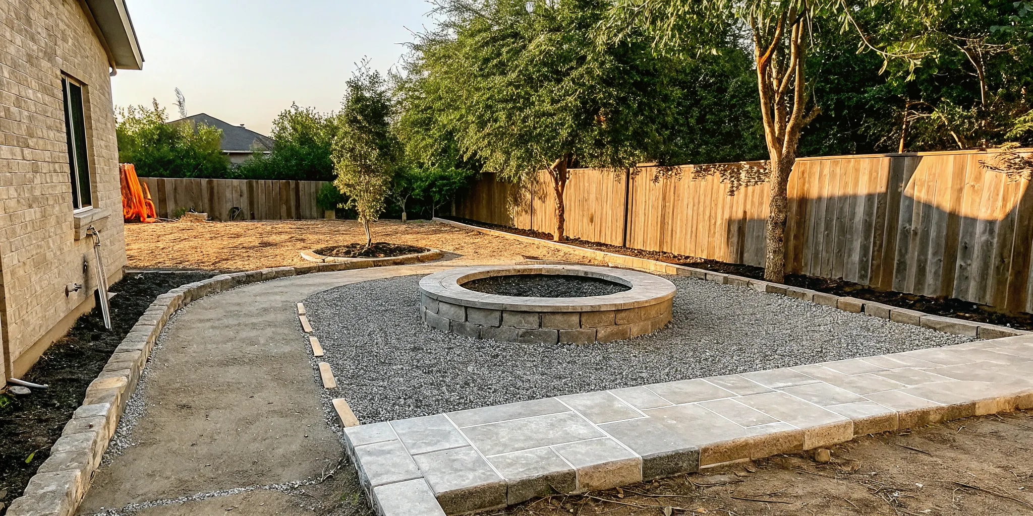 Compacted angular gravel base being prepared for a North Texas fire pit area