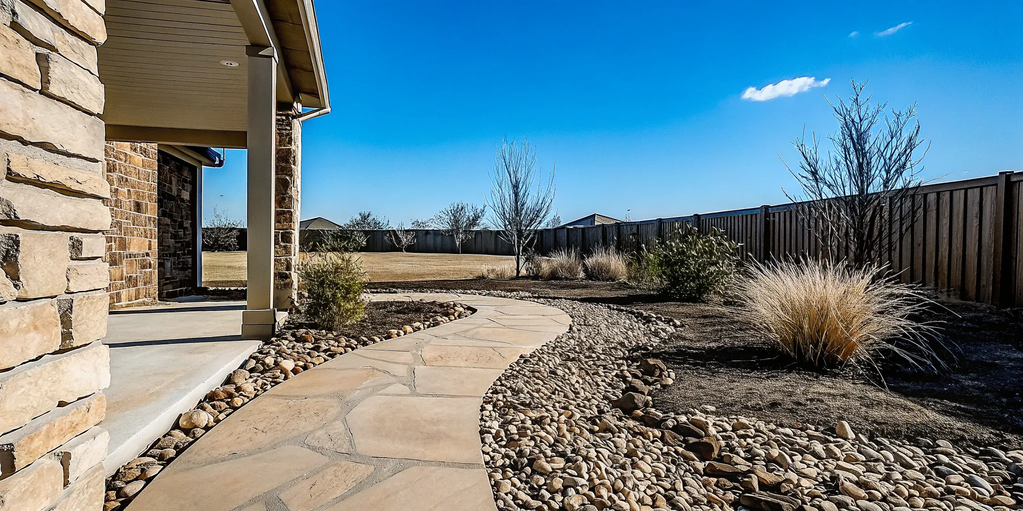 Flagstone walkway through decorative river rock and drought-tolerant North Texas plants