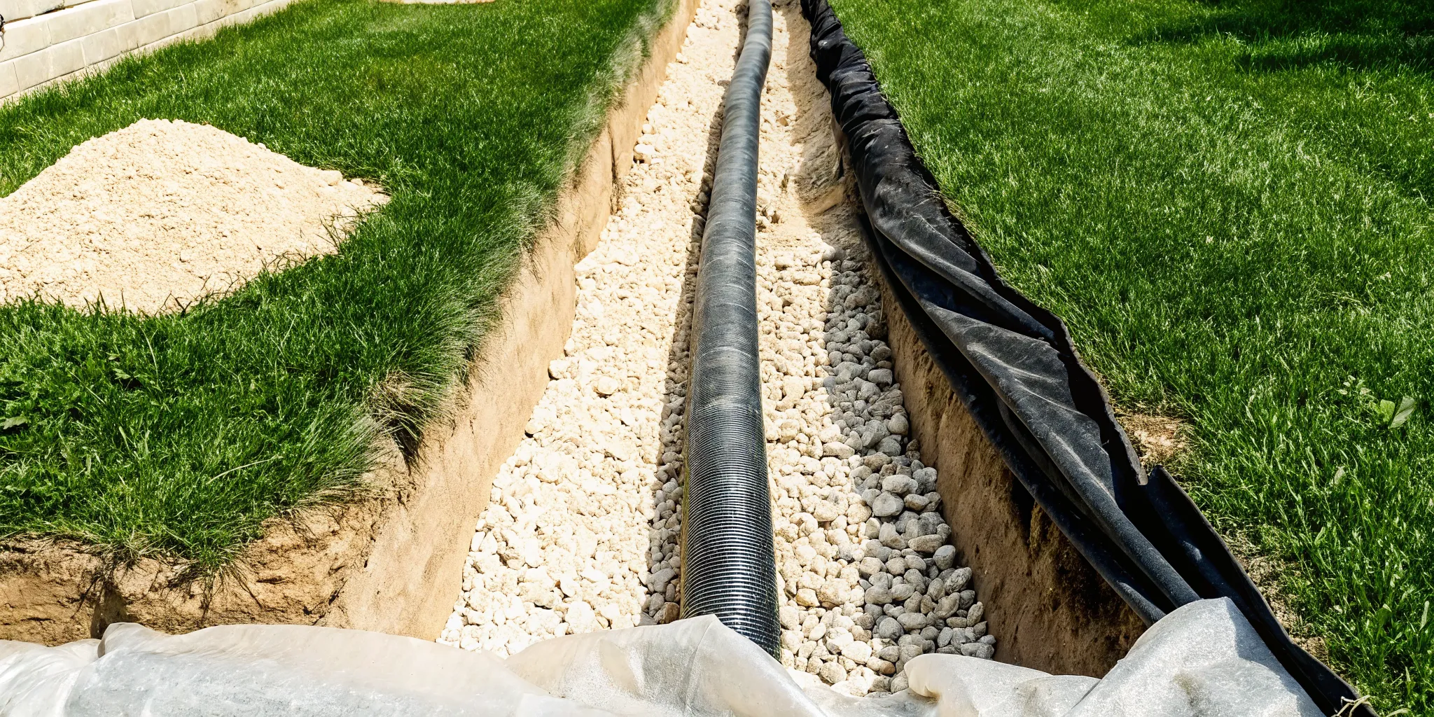 French drain pipe and clean angular gravel wrapped in filter fabric in North Texas clay soil