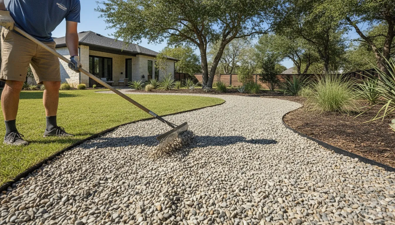 Worker spreading gravel along a North Texas garden path
