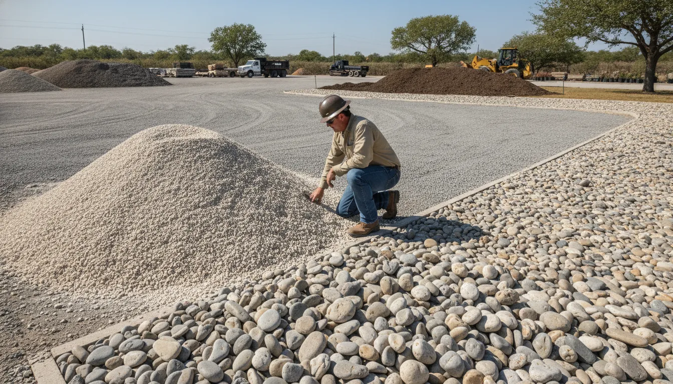 Contractor comparing aggregate materials beside a North Texas driveway base