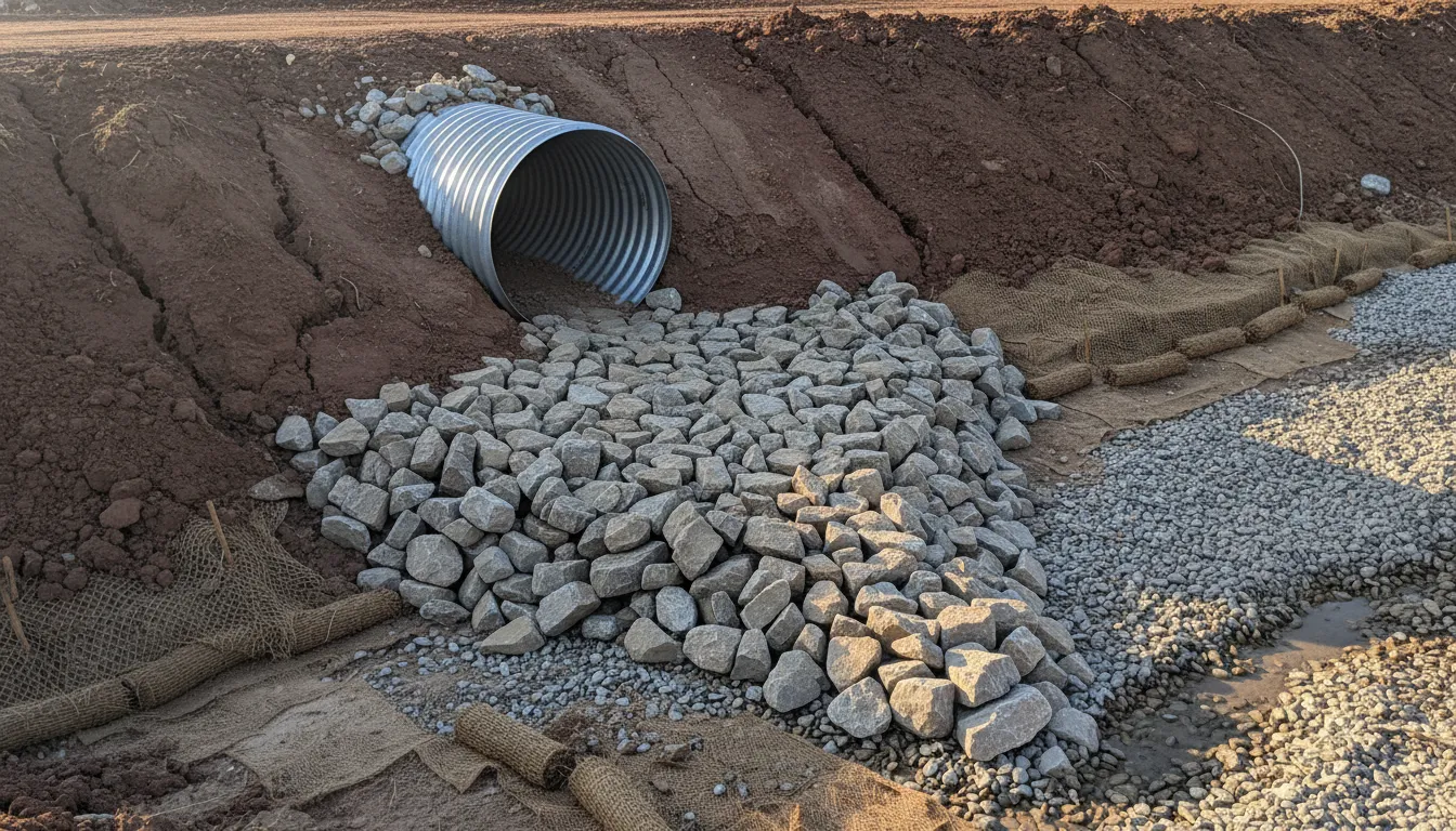 Rip rap drainage stone North Texas culvert outlet apron