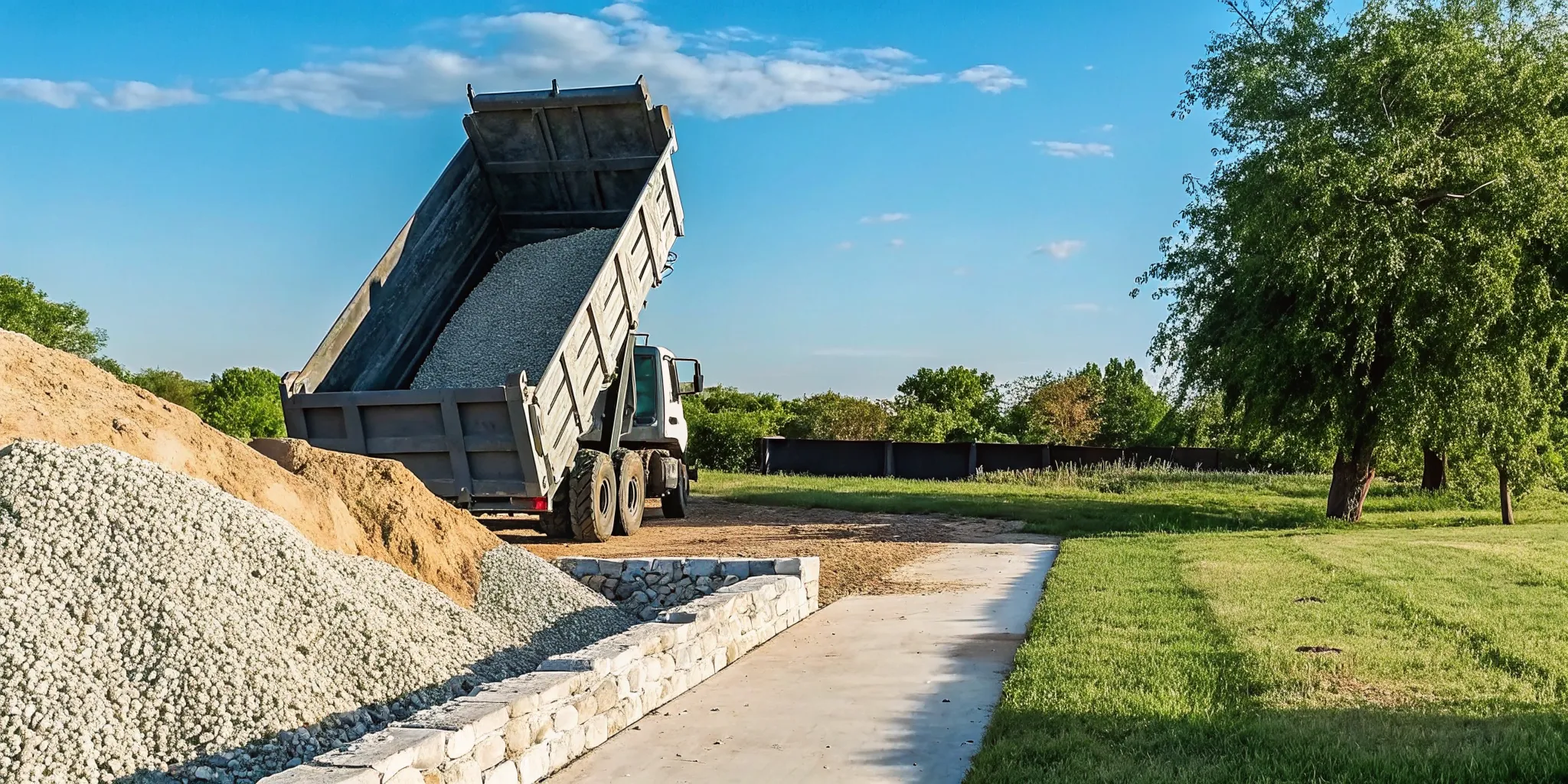 North Texas landscape material delivery truck at a prepared gravel drop zone