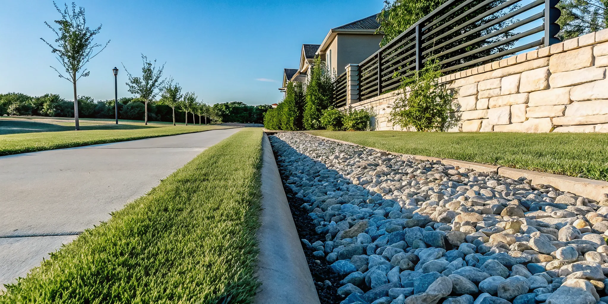 River rock swale beside a crushed stone drainage trench in North Texas