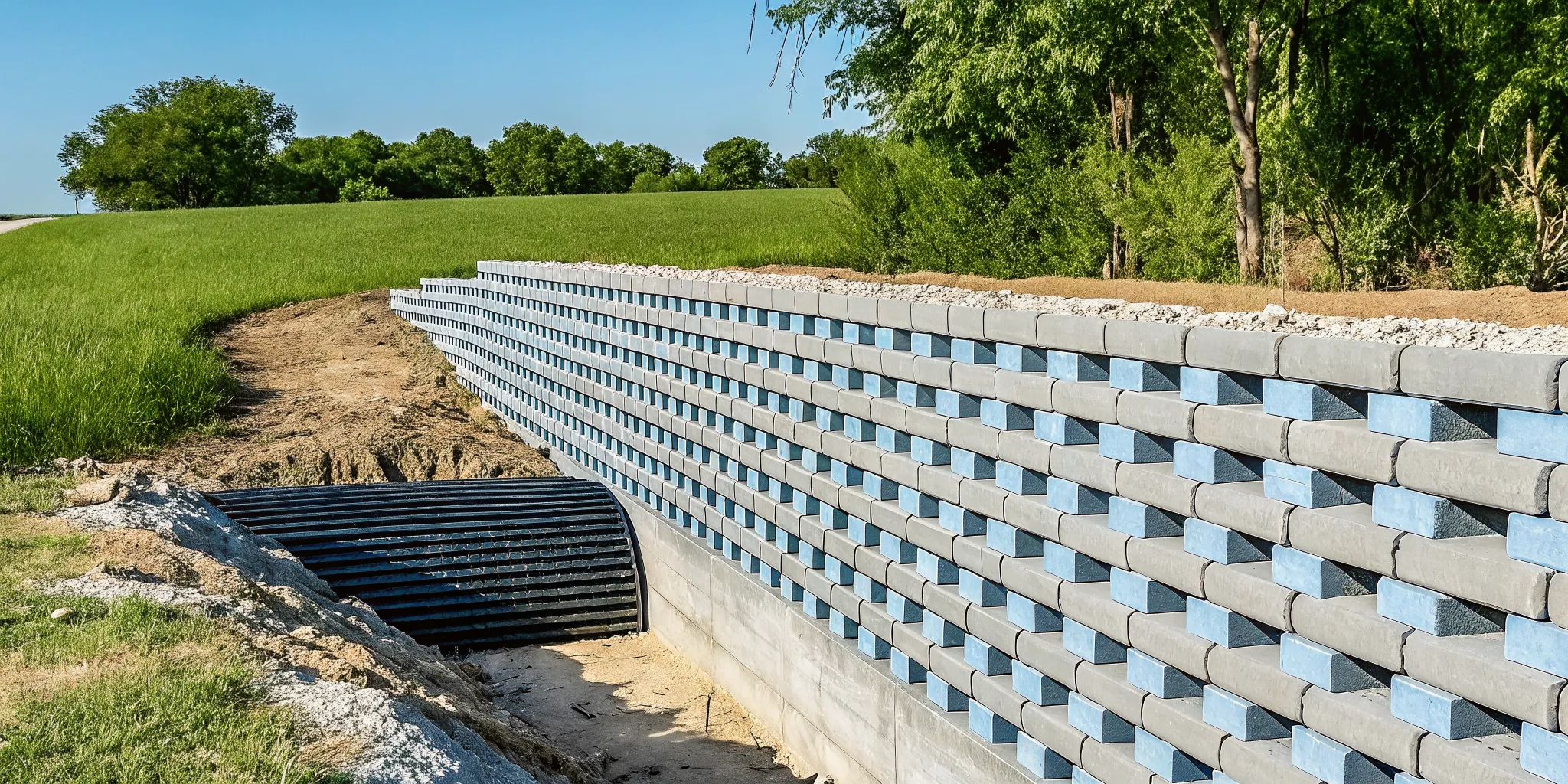 Cross-section diagram showing the proper drainage system for a retaining wall including gravel backfill zone, perforated drain pipe, and geotextile fabric for North Texas clay soil conditions