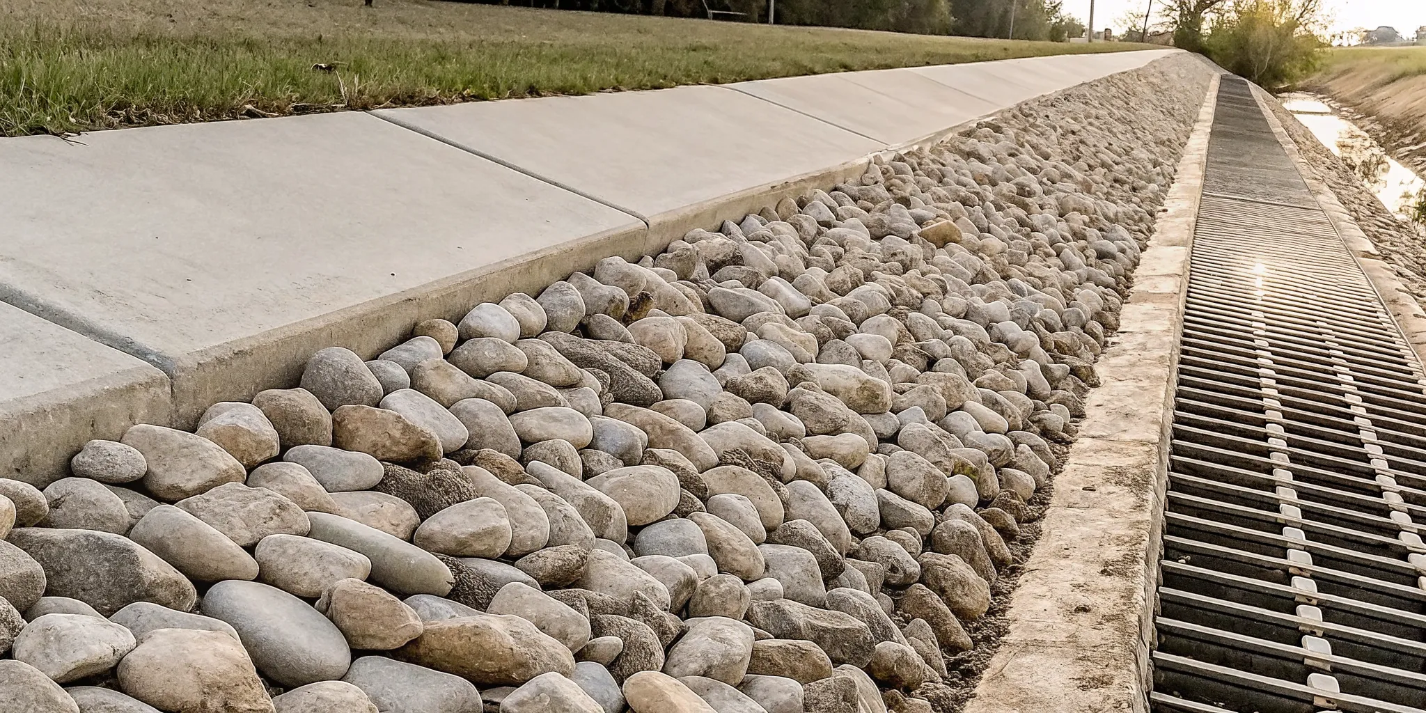 Erosion control rock lining a North Texas drainage swale
