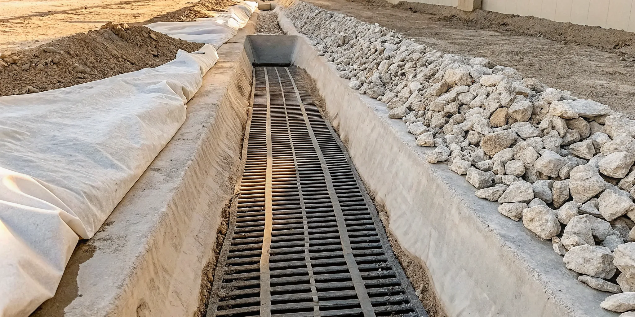 Crushed stone and geotextile installation for a North Texas French drain