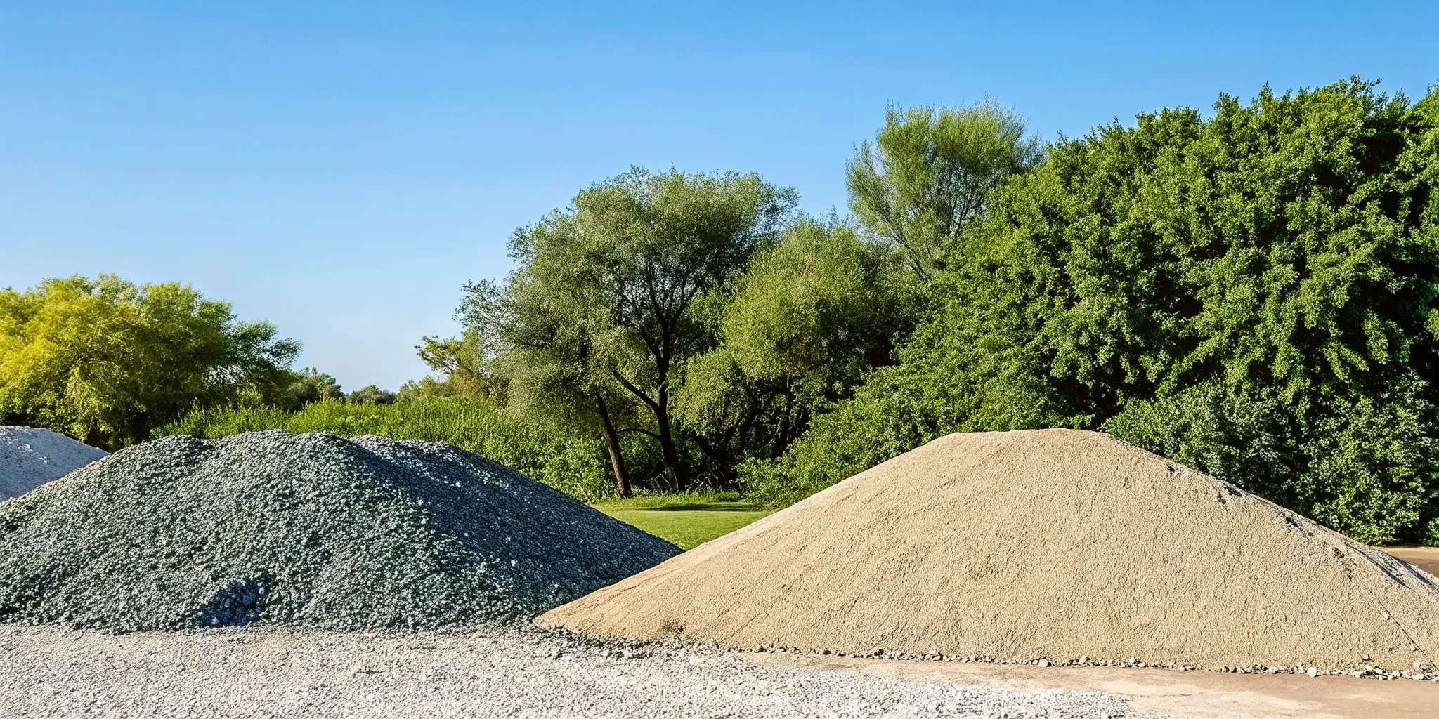 Three piles of crushed limestone, river rock, and decorative gravel side by side in a landscape supply yard