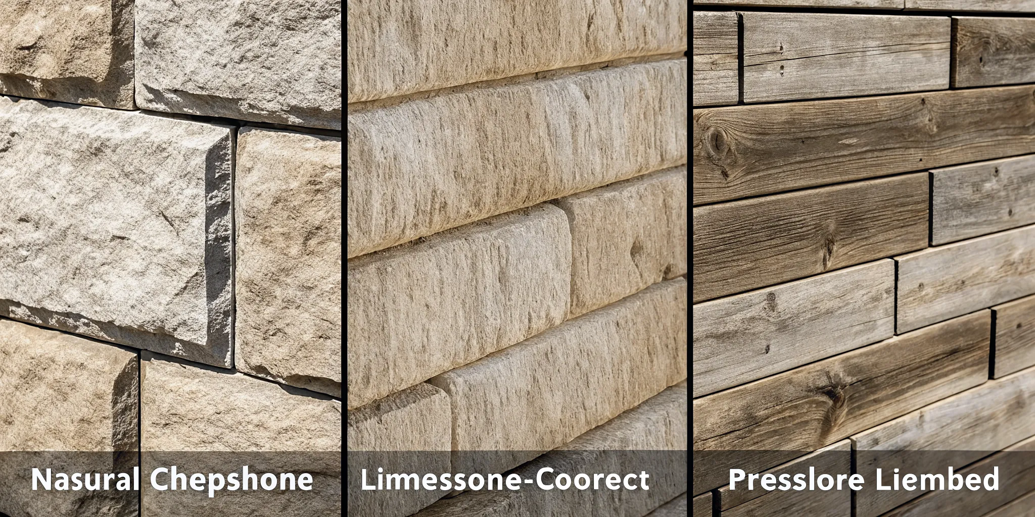Side-by-side comparison of natural chopped limestone retaining wall, interlocking segmental concrete blocks, and pressure-treated timber retaining wall materials