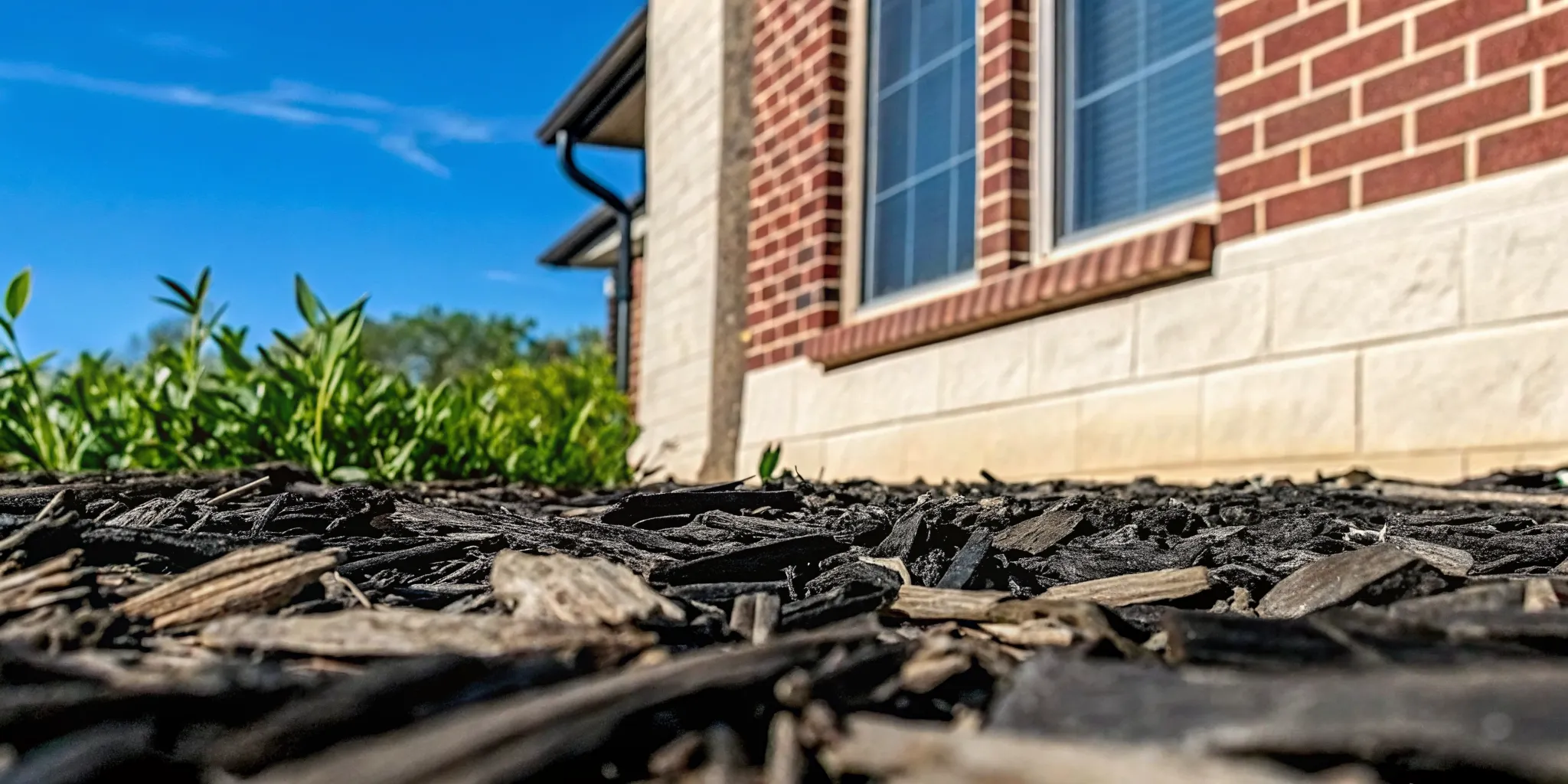 Close up view of black dyed hardwood mulch spread evenly in a landscape bed at 2 to 3 inch depth