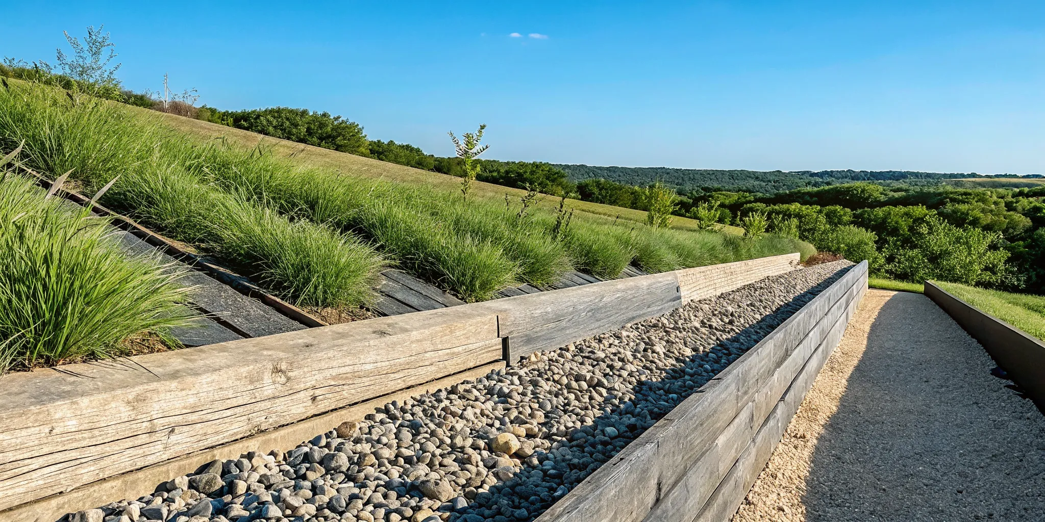 Low railroad tie retaining feature with gravel drainage on a North Texas slope