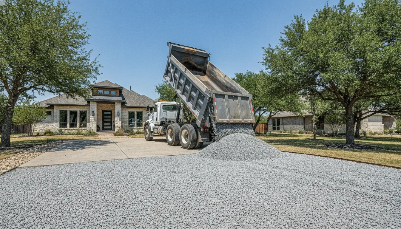 Dump truck spreading a fresh layer of crushed limestone over a North Texas driveway