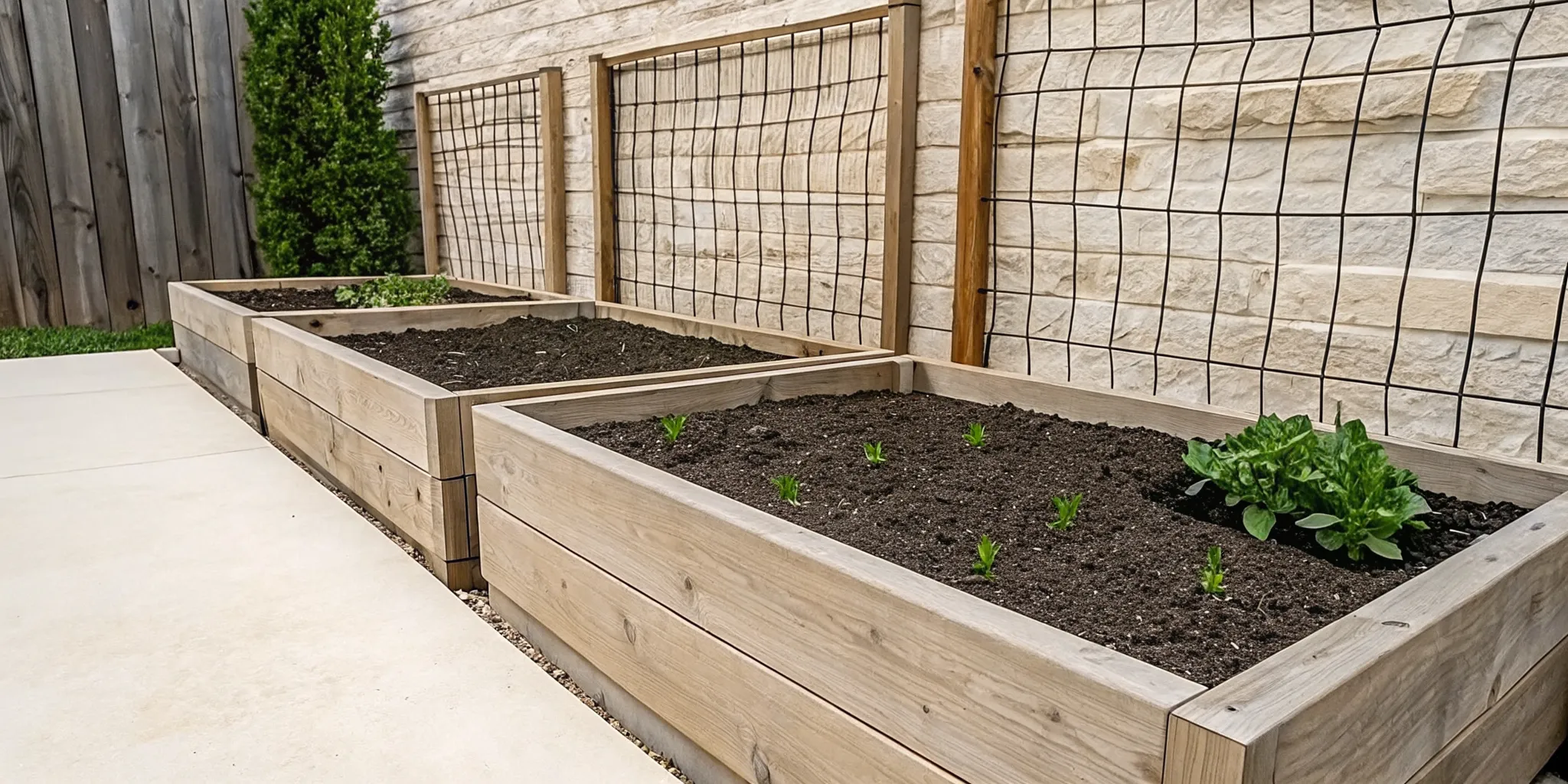 A raised garden bed with healthy plants growing in premium bedding soil mix in North Texas