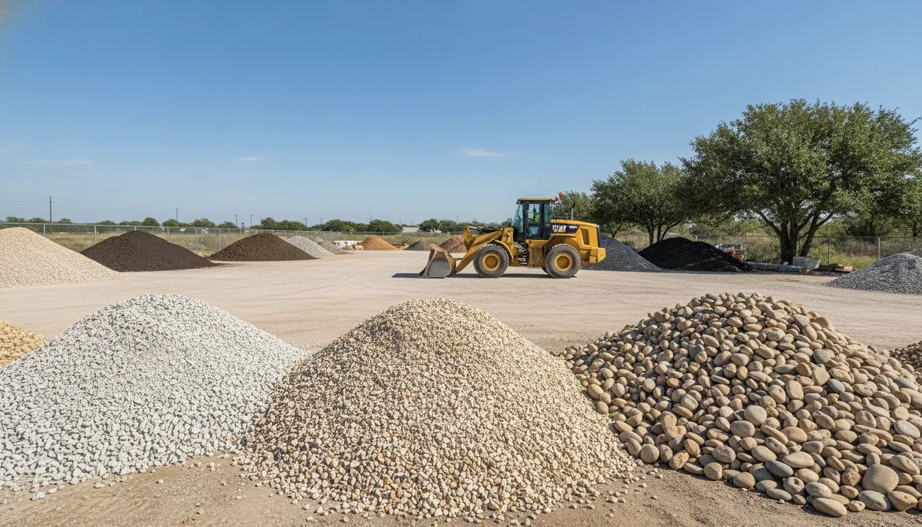 Stockpiles of bulk crushed limestone, pea gravel, and river rock at a North Texas landscaping supply yard