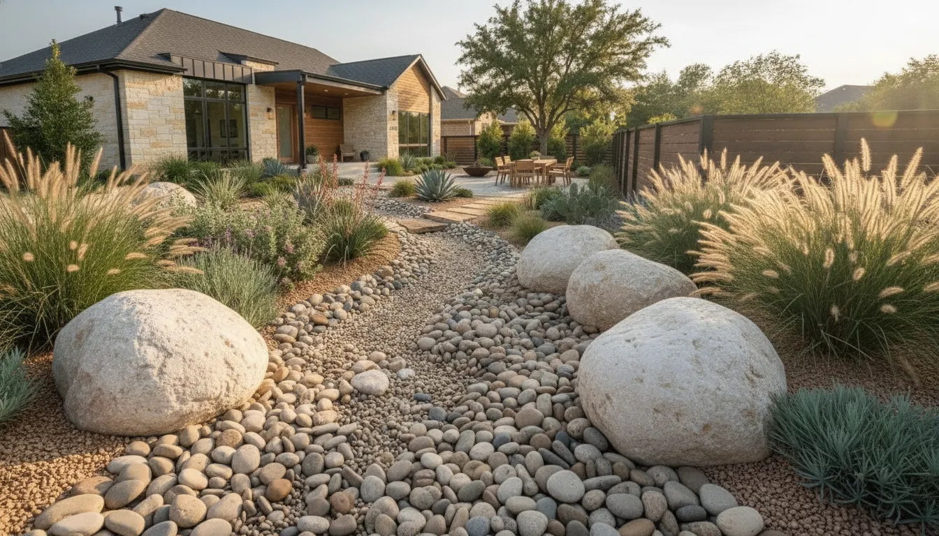 Large decorative rocks beside a North Texas dry creek bed