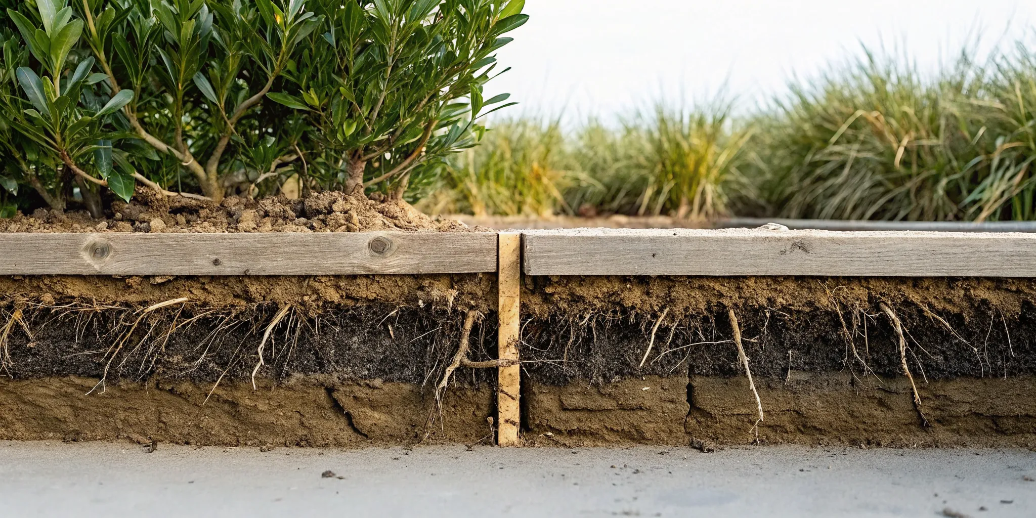 Cross-section view showing an even mulch layer over North Texas garden soil with plant roots below