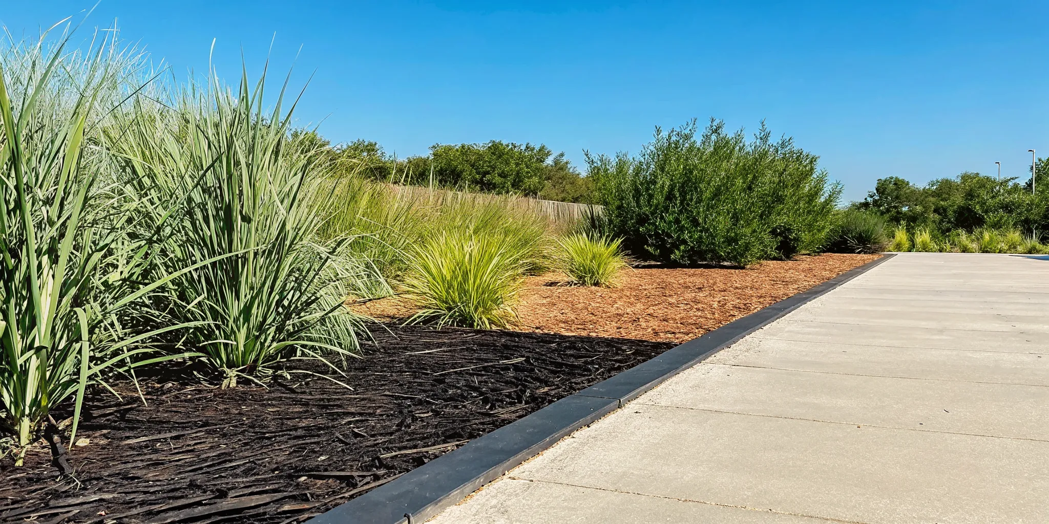 Side-by-side comparison of black hardwood mulch, natural brown wood chips, and cedar mulch in a North Texas flower bed