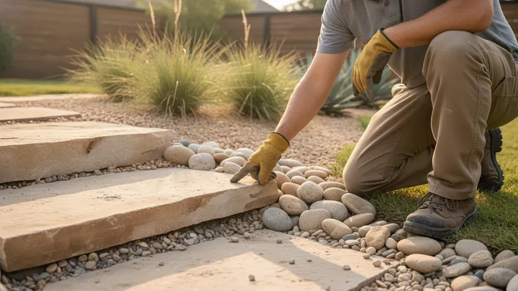 Contractor checking texture and drainage beside natural stone outdoor steps in North Texas