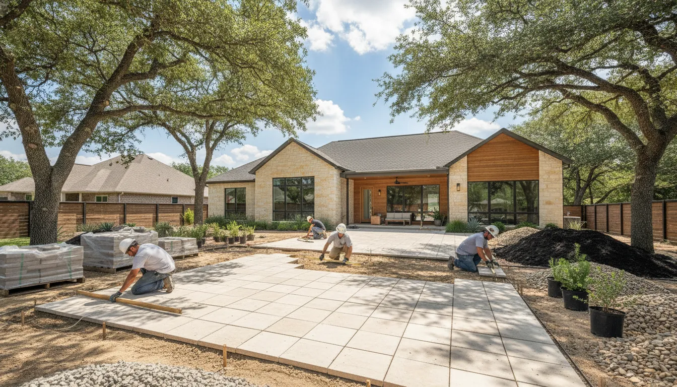 Paver patio installation over a prepared sand and aggregate base