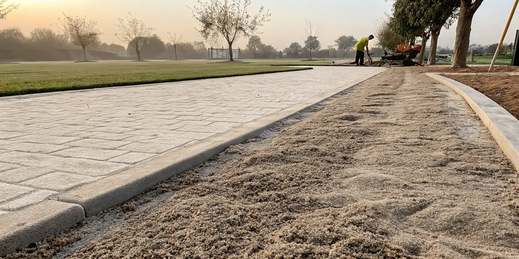 Worker spreading lawn topdressing across North Texas Bermuda grass