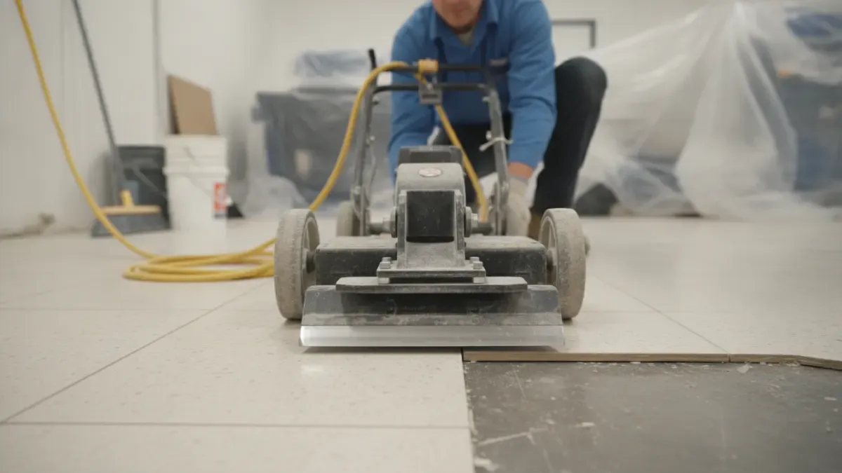 Electric tile stripper blade and cord setup at a tile removal jobsite