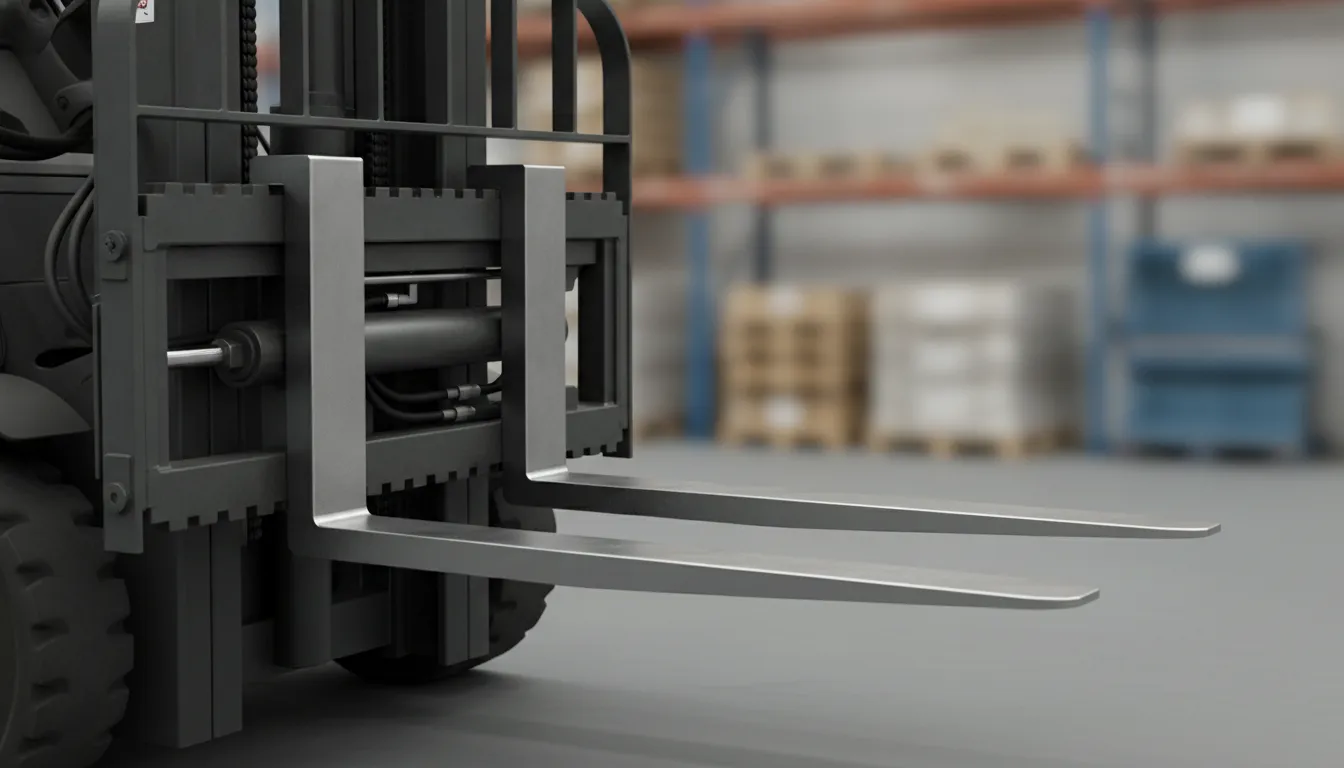 Close-up of a hydraulic forklift fork positioner carriage with steel forks adjusted to a new spacing