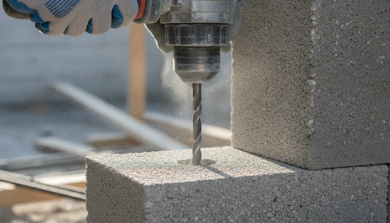 Worker withdrawing a masonry drill bit from a fresh hole in a concrete block