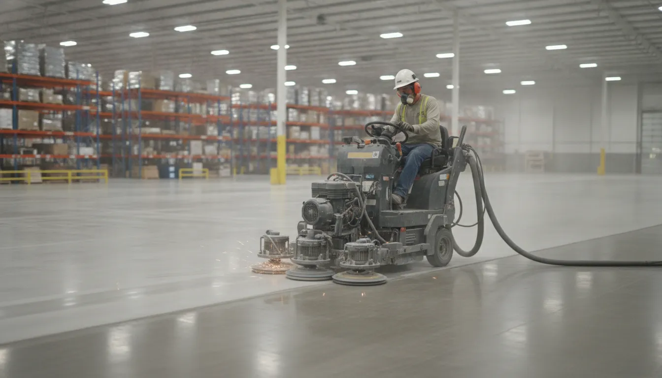 Industrial floor grinding machine prepping a concrete floor in a commercial space
