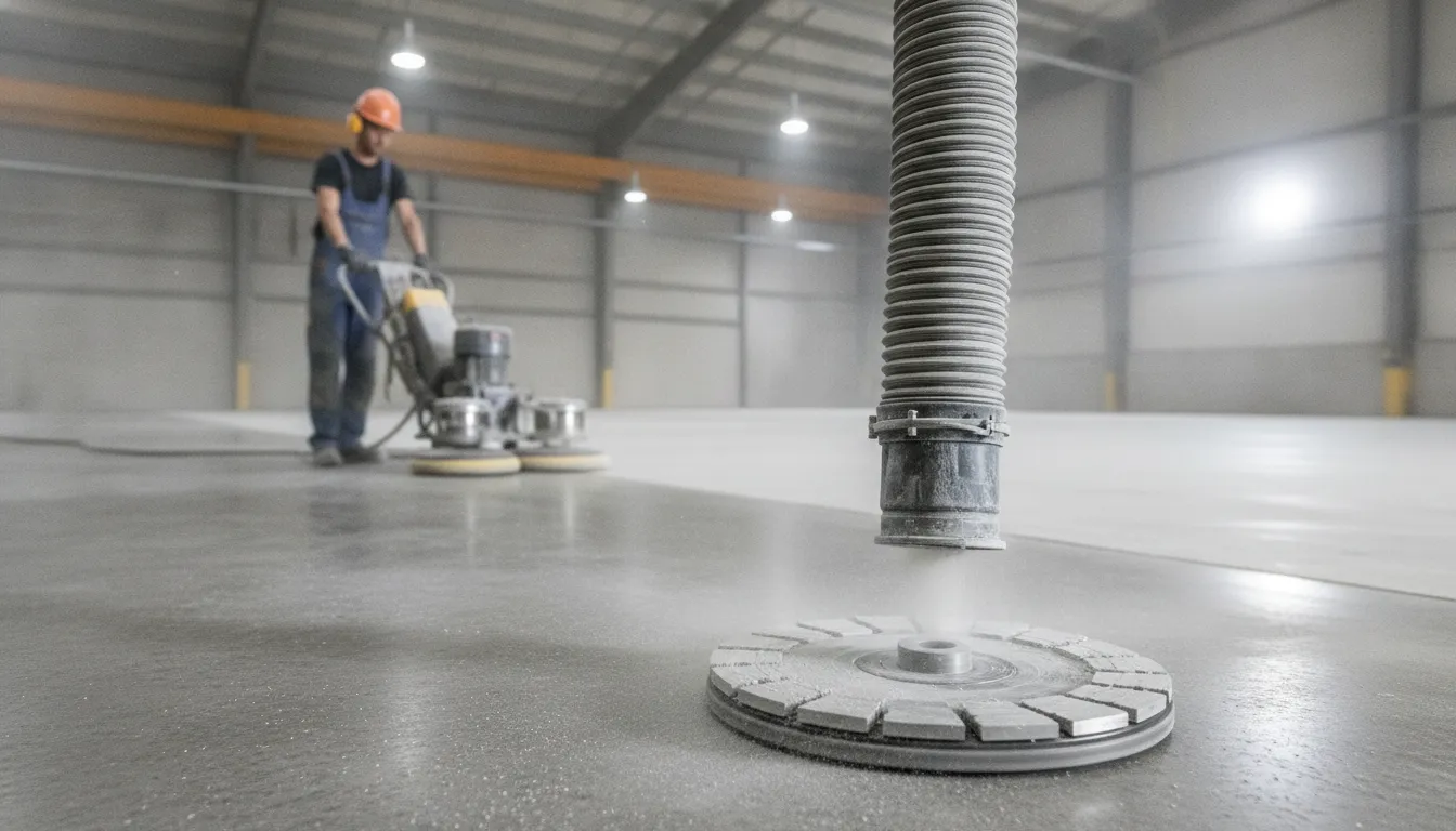 Diamond tooling and dust extraction on a concrete polishing job