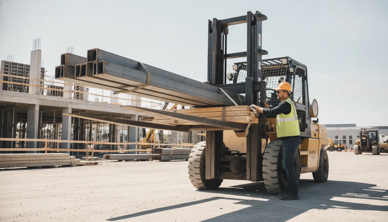 Heavy duty forklift extensions carrying balanced steel and lumber loads on a construction jobsite