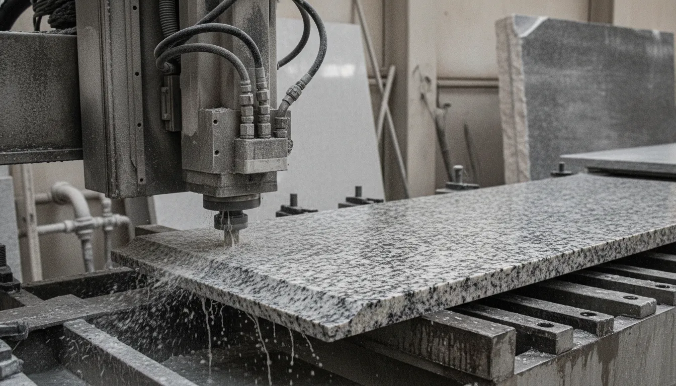 CNC diamond tooling cutting a granite workpiece with controlled coolant flow