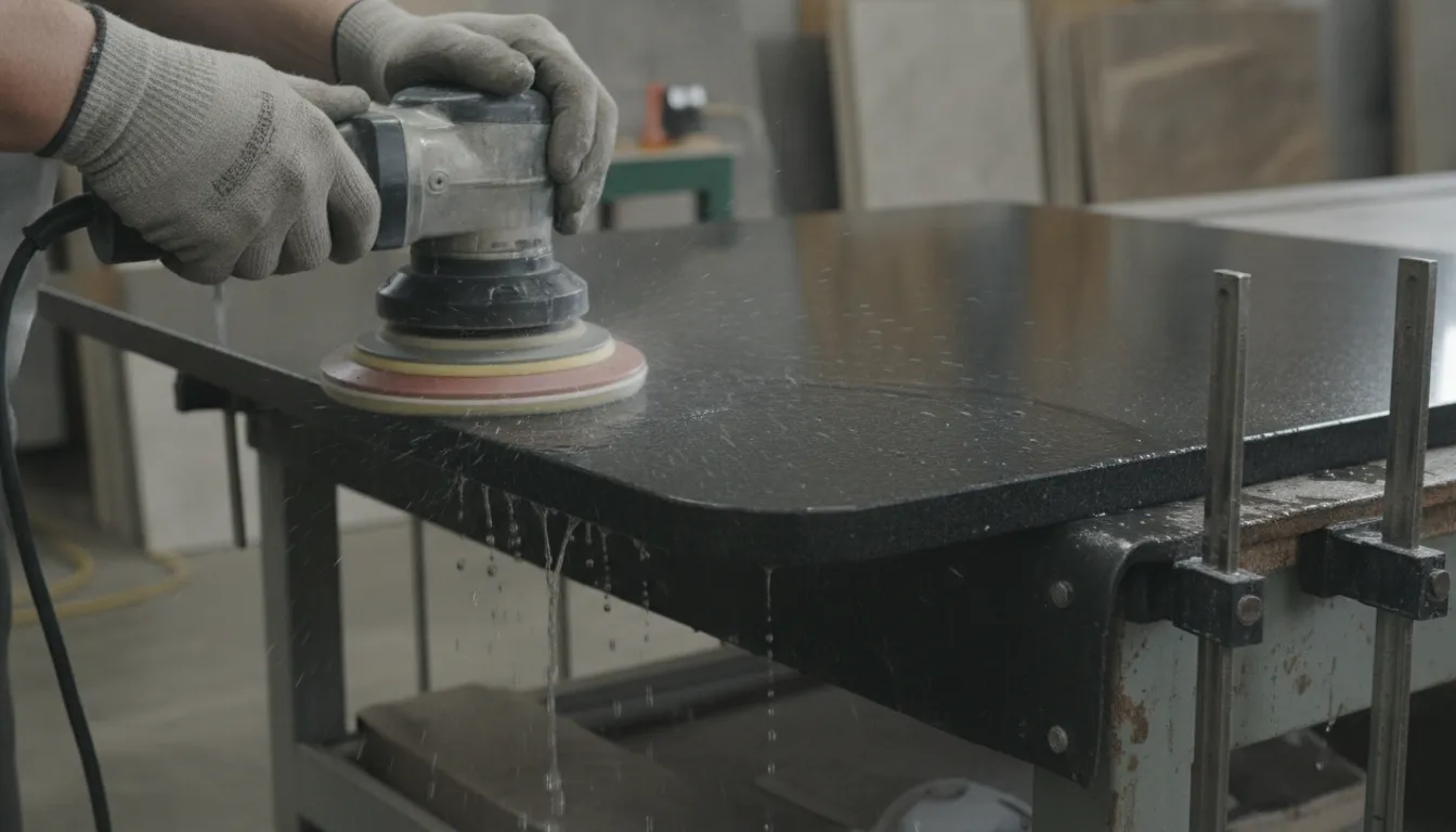 Close-up of diamond polishing pads on a granite countertop edge with wet polishing water spray
