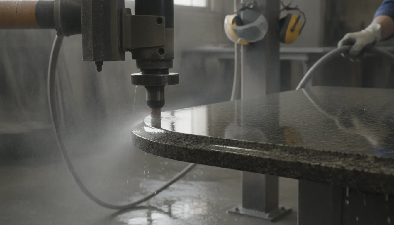 Water-cooled diamond router shaping a granite countertop edge