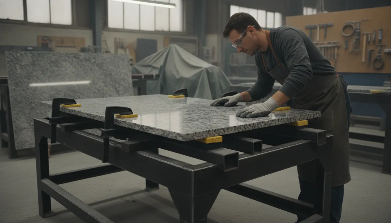 Stone fabricator checking slab support on a work table