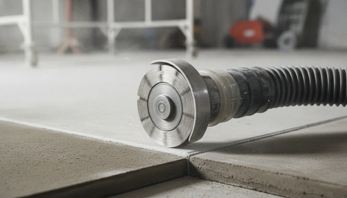 Diamond cup wheel grinding a concrete edge with dust extraction