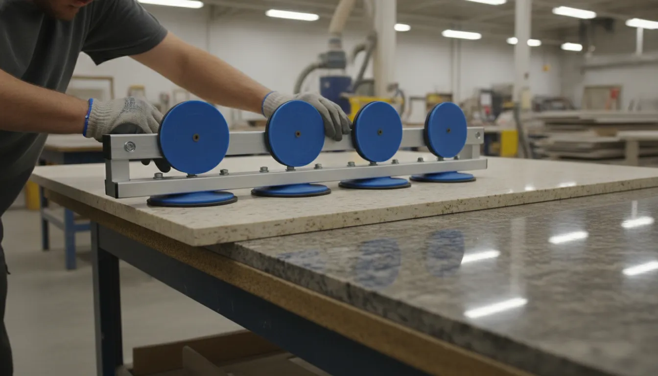 Worker inspecting a seam setter beside stone slabs