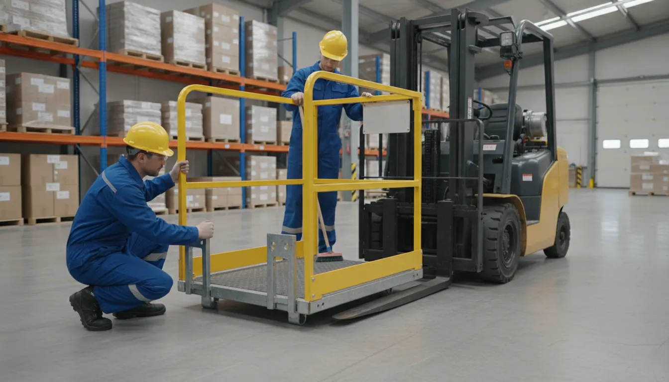 Workers inspecting a forklift work platform before elevated maintenance