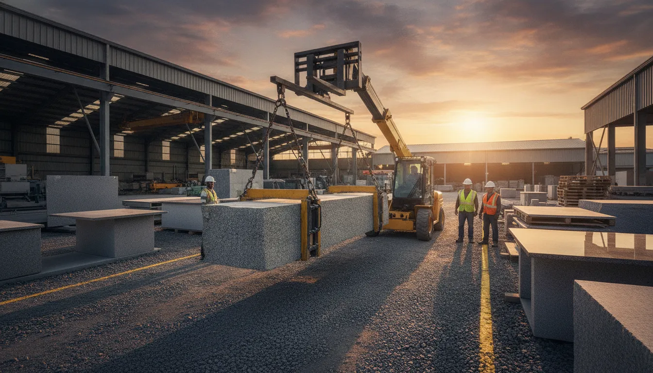 Forklift boom attachment moving a secured stone slab