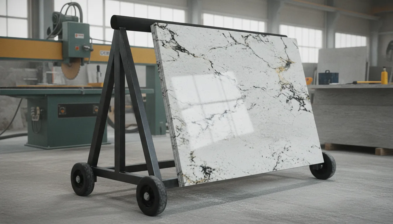 Heavy-duty steel A-frame slab cart holding a granite slab in a stone fabrication shop