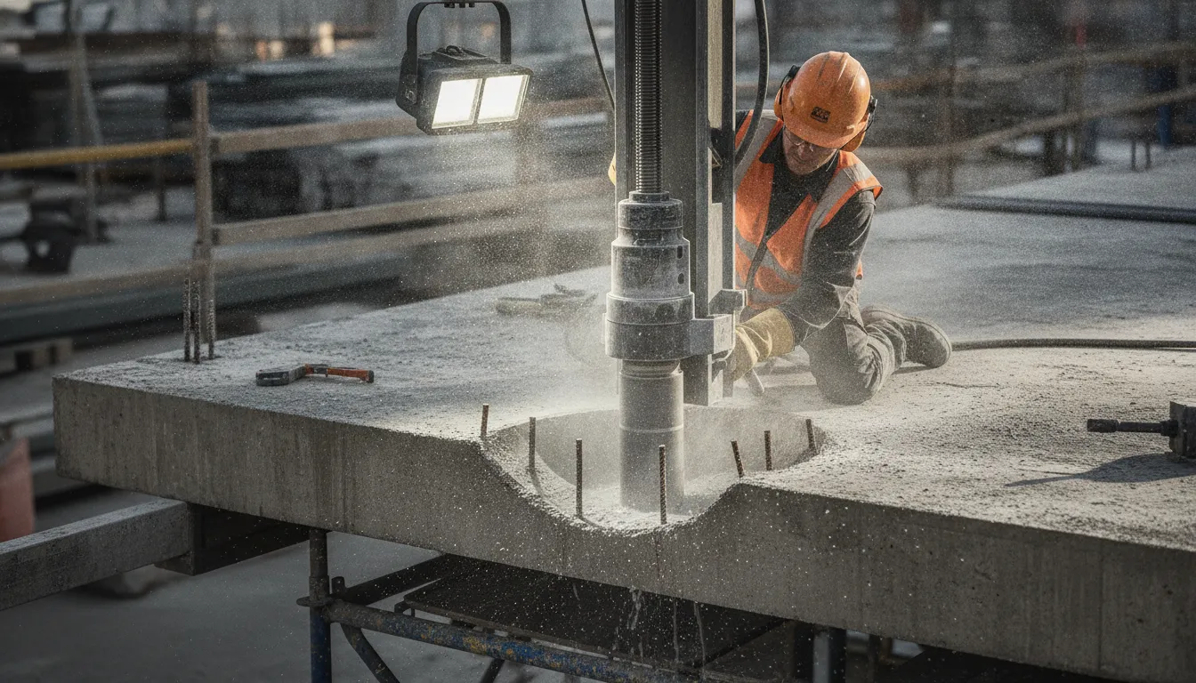 Worker core drilling through a reinforced concrete slab with a diamond core bit and coolant water