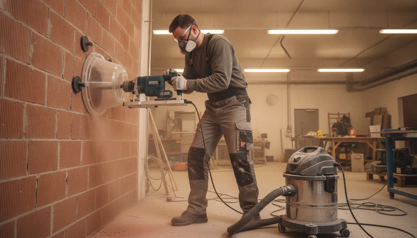 Contractor using a handheld dry diamond core drill to cut a hole in a brick wall indoors with dust vacuum attached